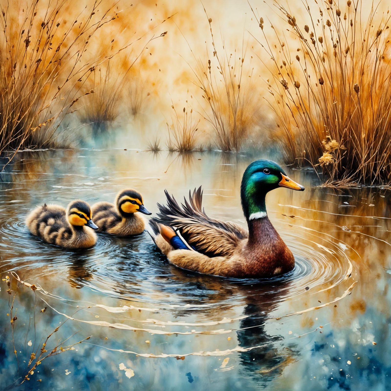 Mother Duck and Ducklings at Dawn in Impressionist Style