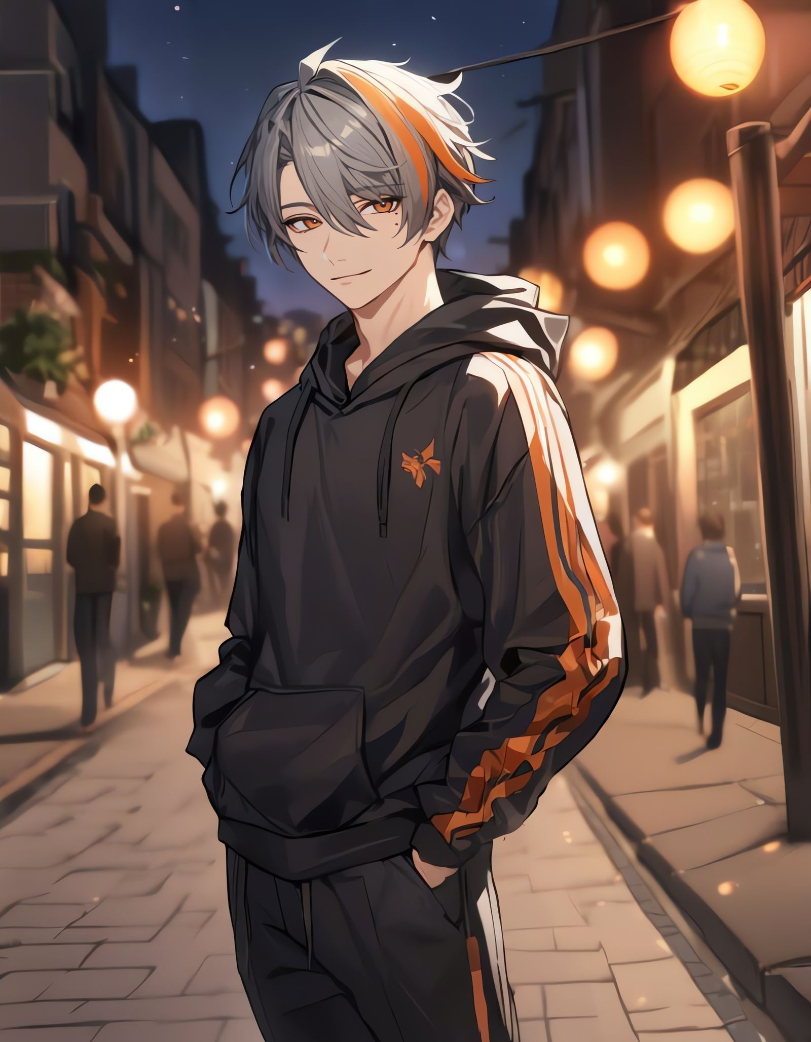 Bishounen with Orange Streaks in Cityscape at Night