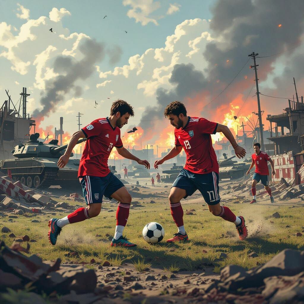 Soccer Battle: Dystopian Athletes on War-Torn Field