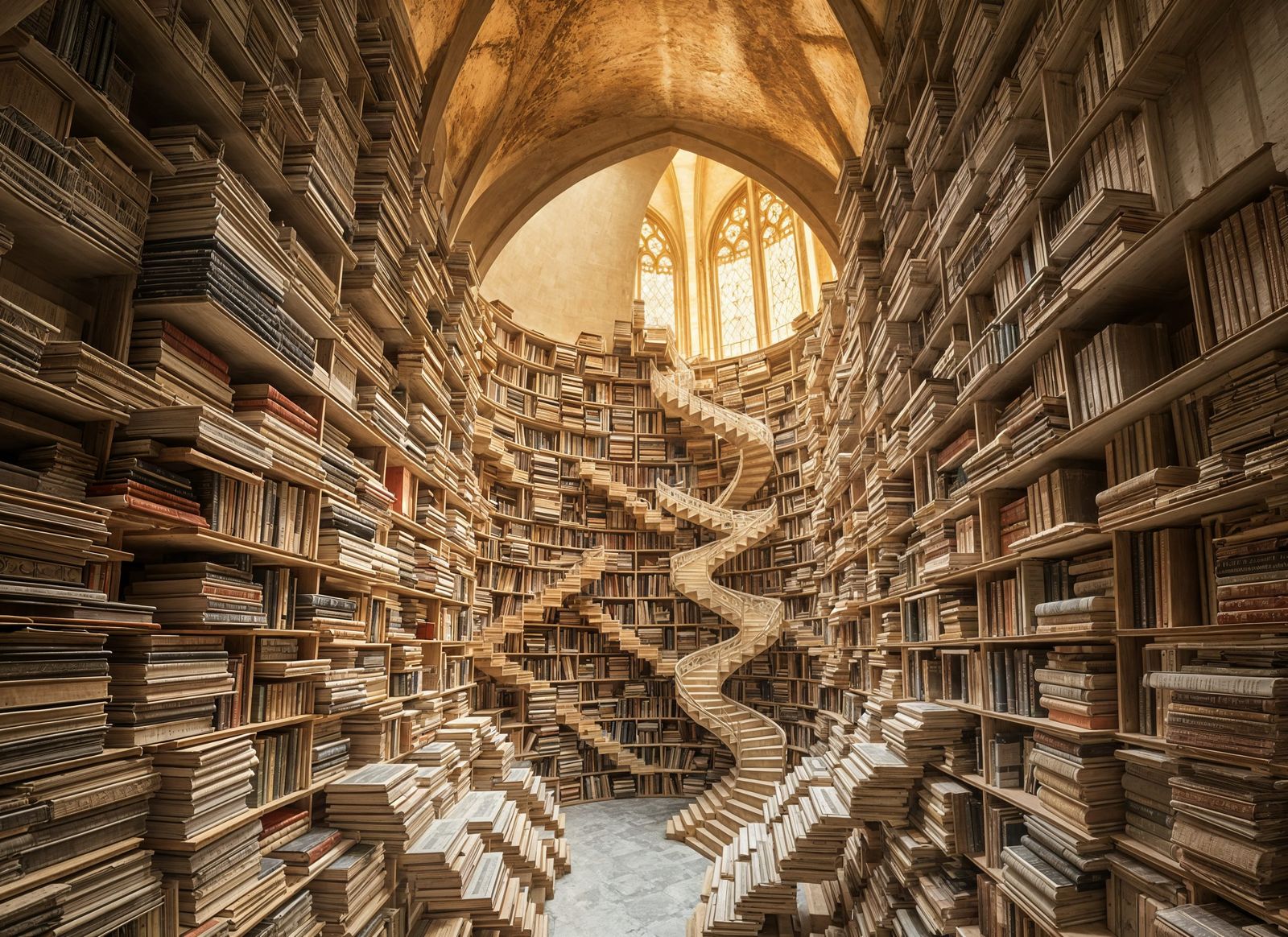 Surreal Library of Folded Paper and Books