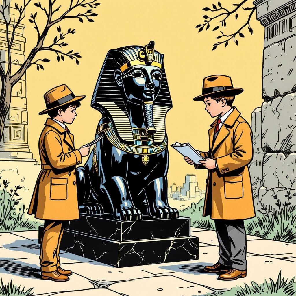 Detectives Examine Obsidian Sphinx in Comic Book Style