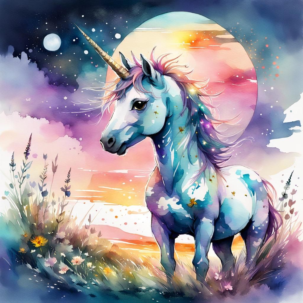 Cute Chibi Unicorn in Night Meadow: Watercolor Art
