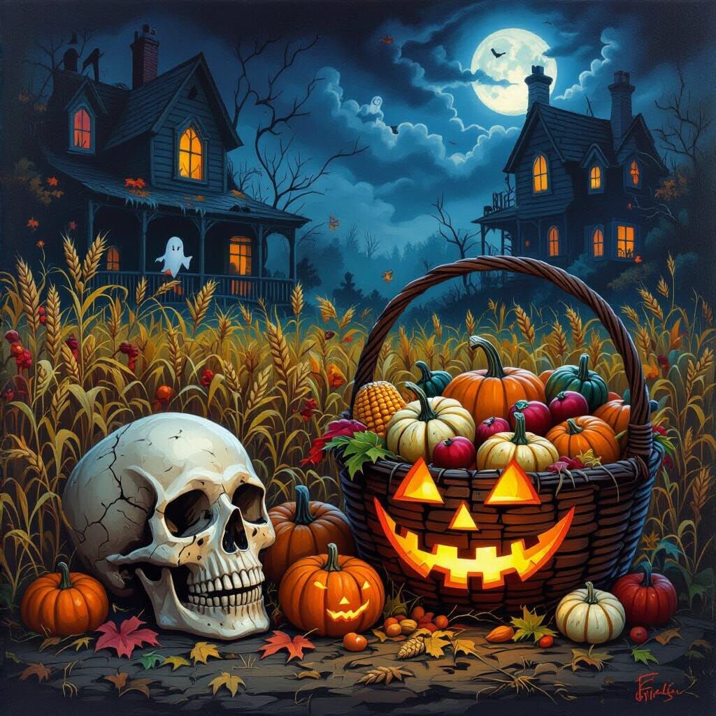 Nightmarish Halloween Harvest with Cracked Skull and Oni Jac...