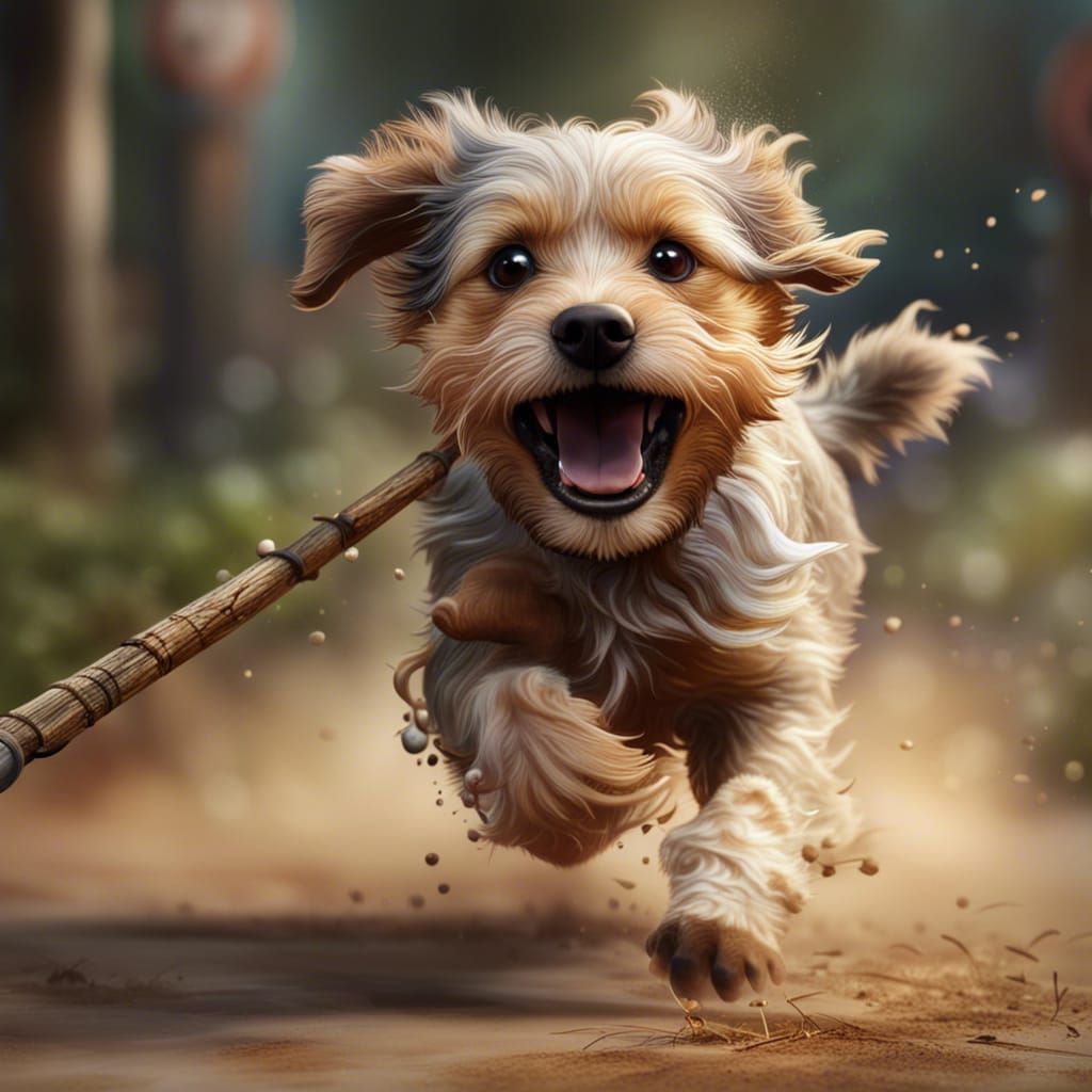 Happy Dog Running with Stick: Photorealistic Image