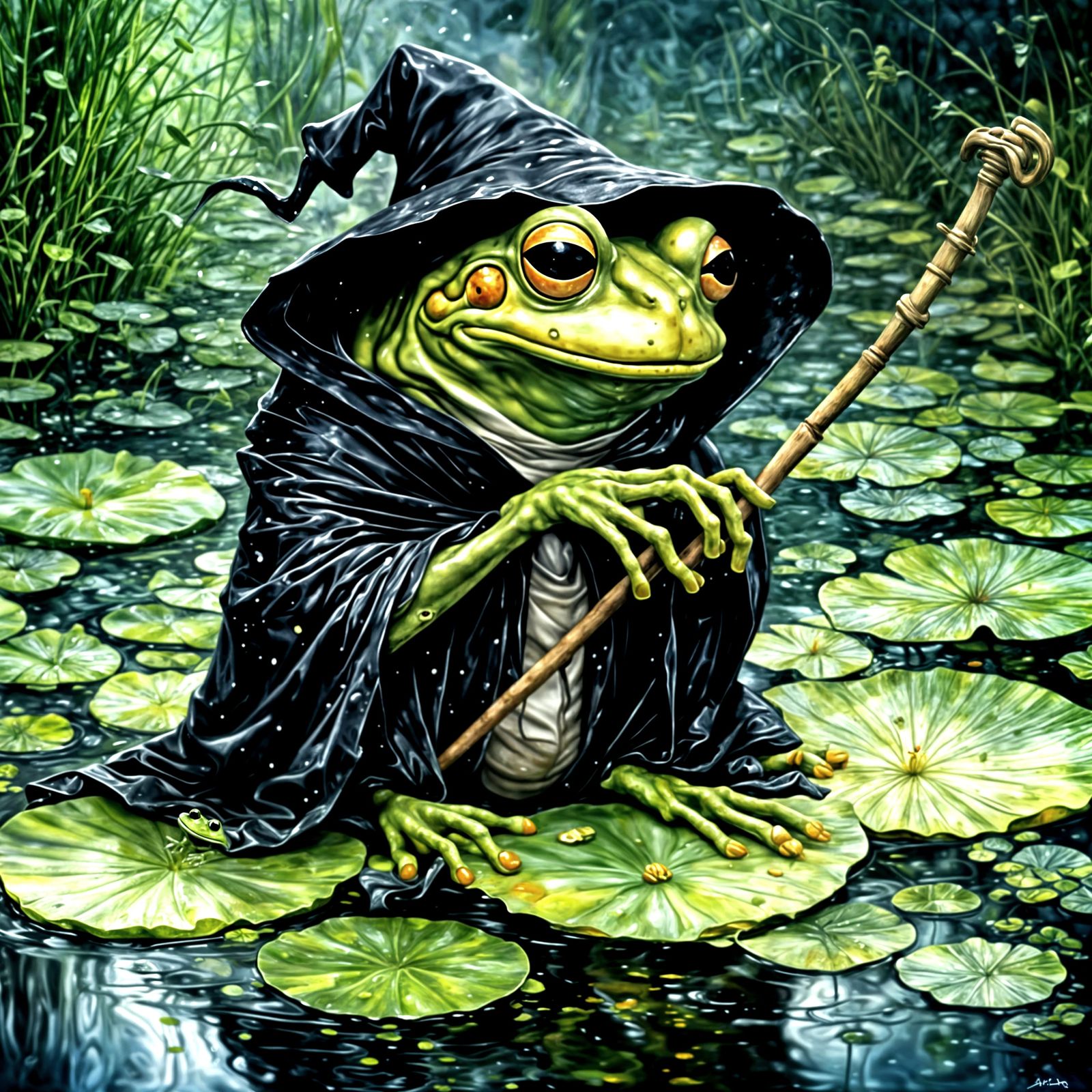 Cartoon Grim Reaper Frog on Lily Pad Oil Painting