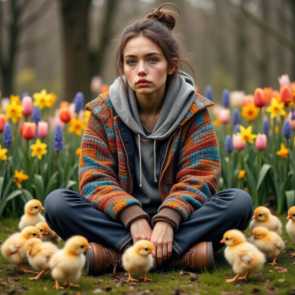 Serene Spring Moment with German Woman and Chicks