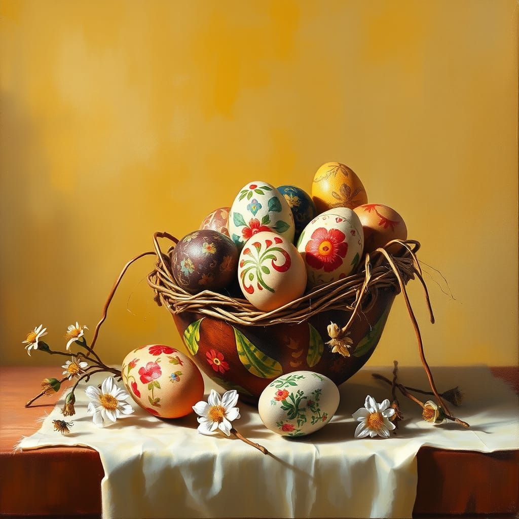 Whimsical Czech Easter Egg Still Life in Golden Oil Painting