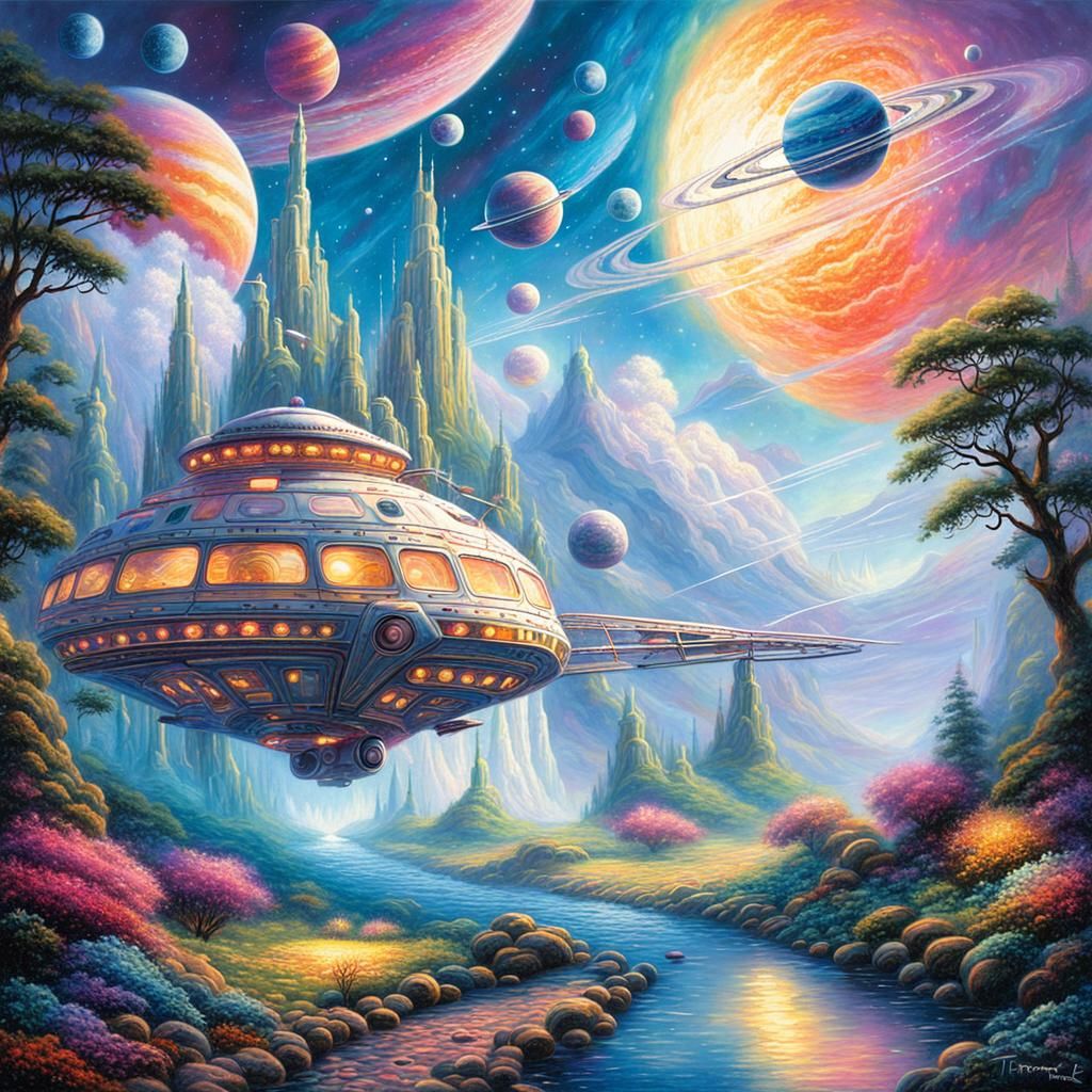 Psychedelic Spaceship Voyage through Dreamlike Planets