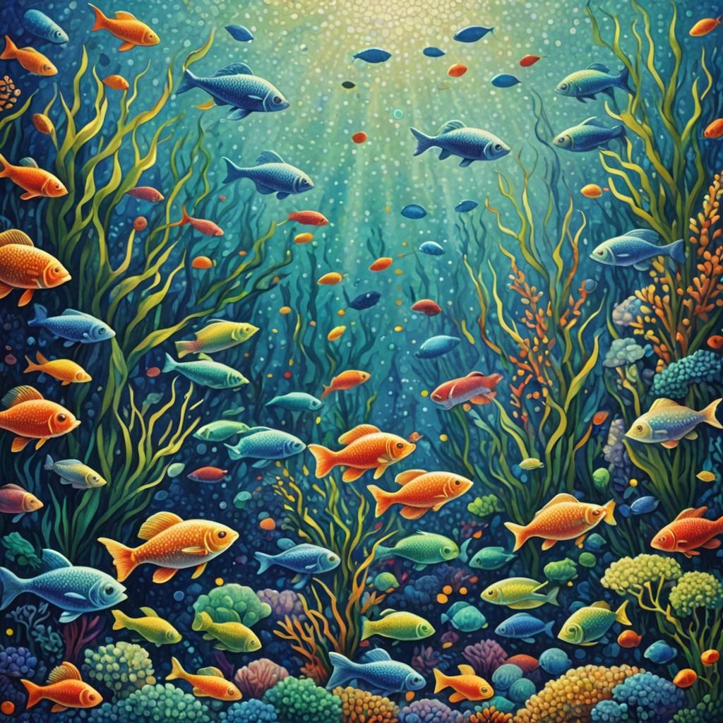 Pointillist Aquarium with Colorful Fish