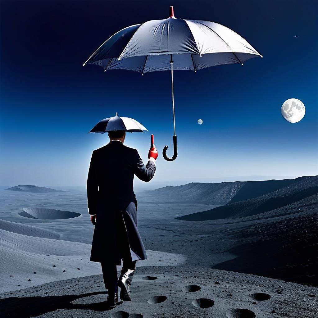 Surreal Umbrella Amidst Lunar Craters in the Wind
