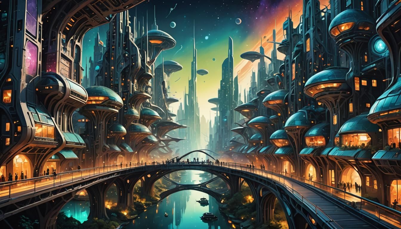 Futuristic Cityscape with Alien Architecture in Abstract Art
