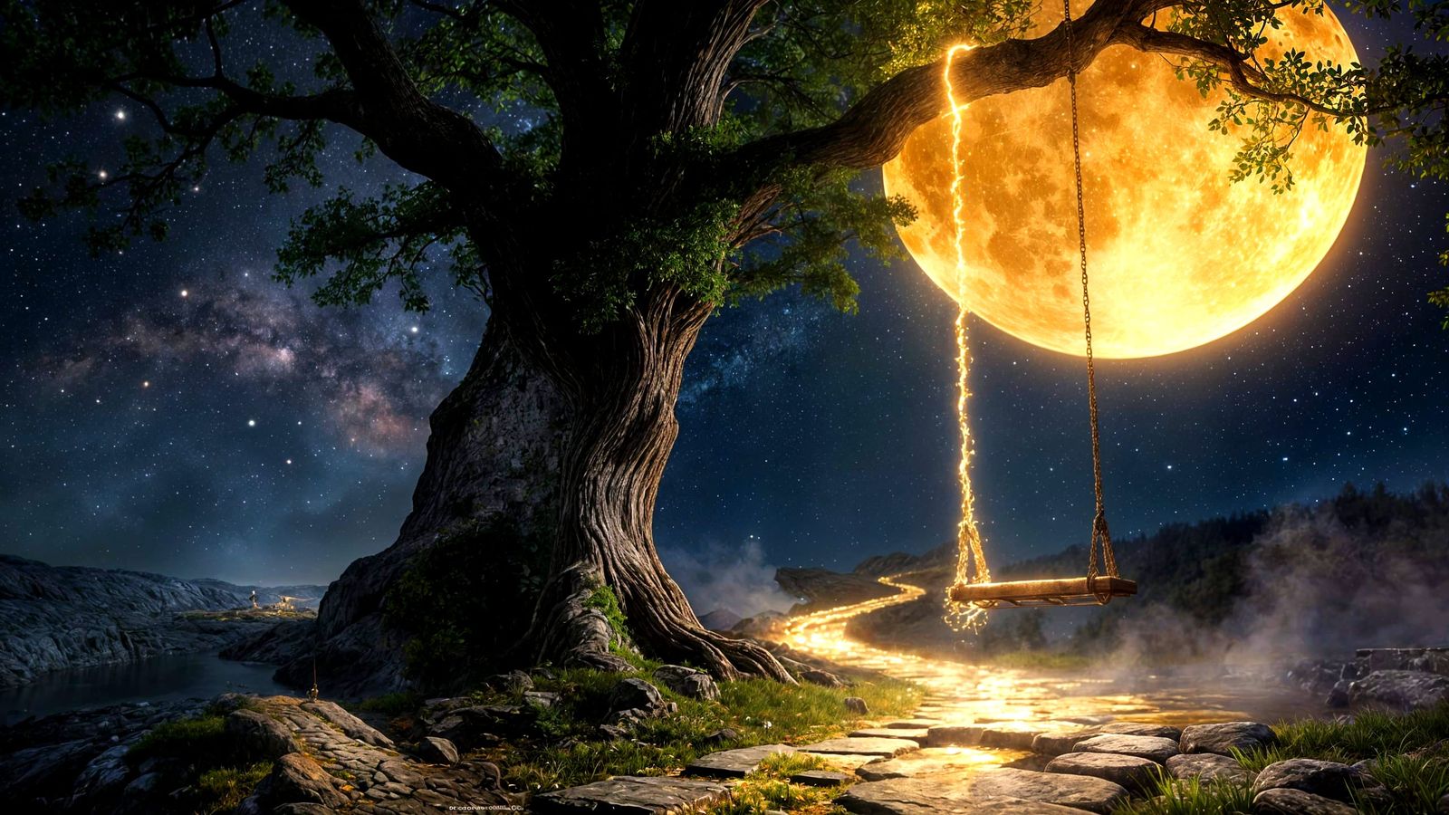 Golden Moonlit Night with Tree Swing and Stone Path
