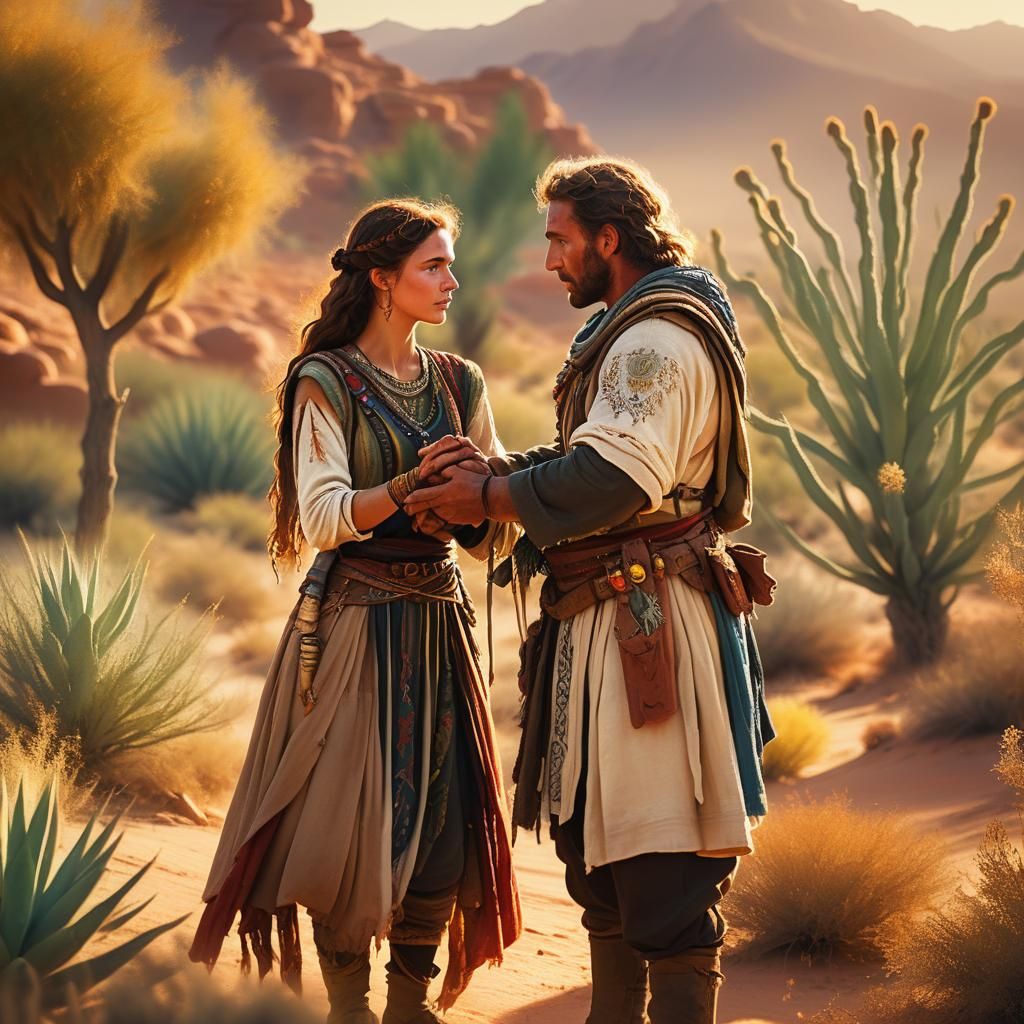 Vibrant Desert Scene: Jewish Warrior Amidst Hebrew Decor