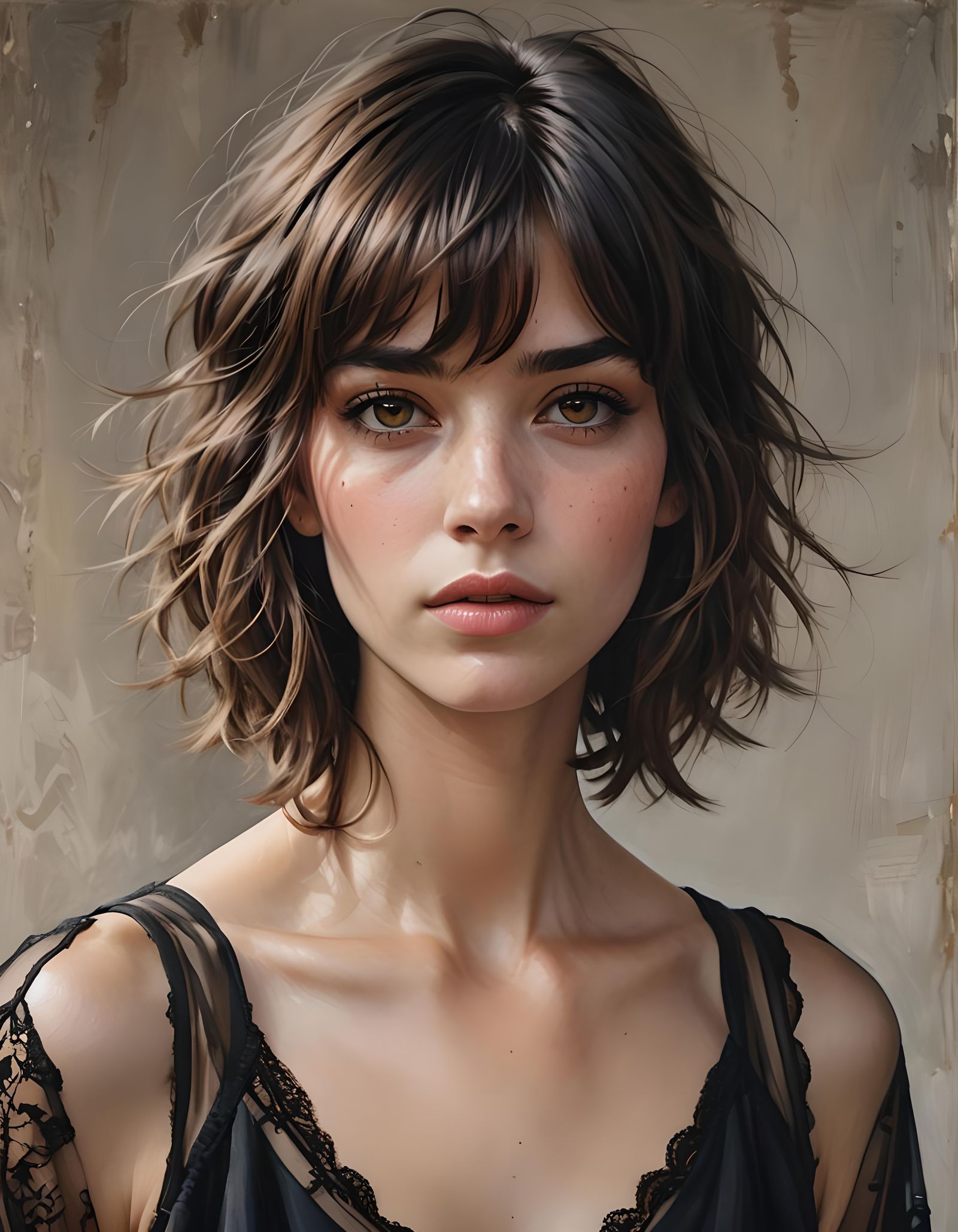 Photorealistic Portrait of Brunette in Black Sheer Top