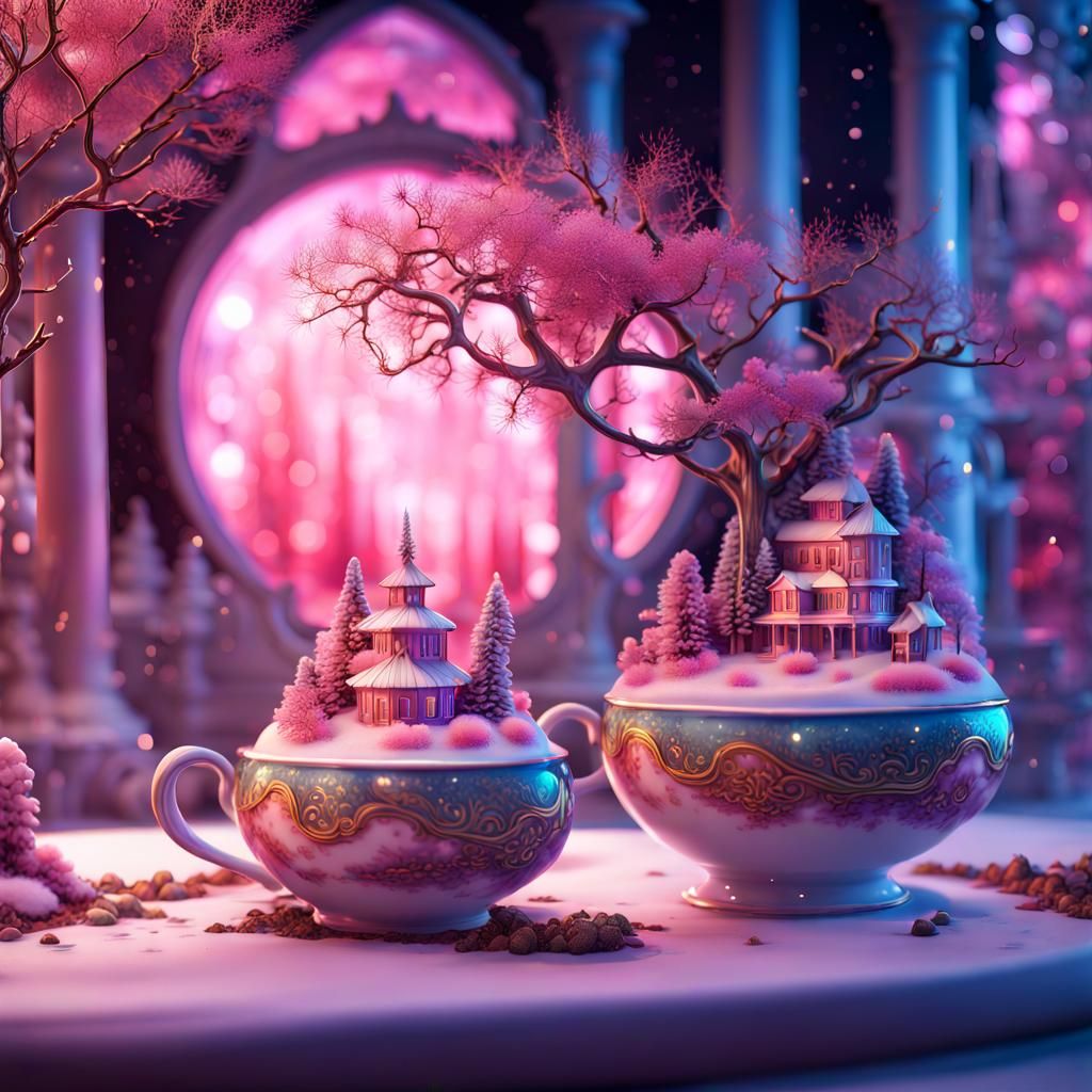 Magical Pink City in Porcelain Cup Diorama
