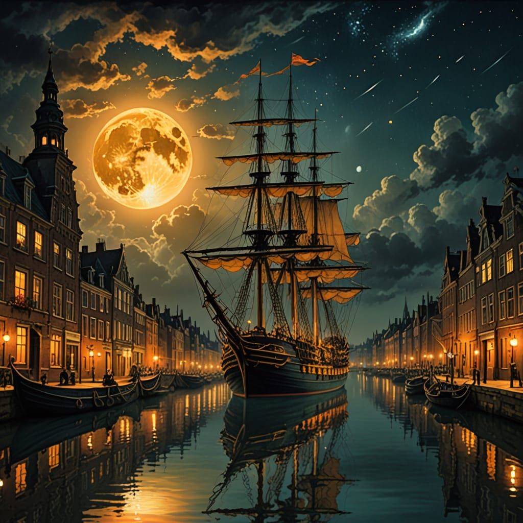 Historical European Sailing Ship Under Starry Night Sky