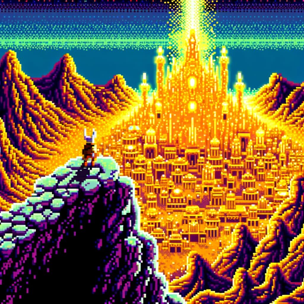 8-Bit Mythical Cityscape Amidst Rocky Peaks