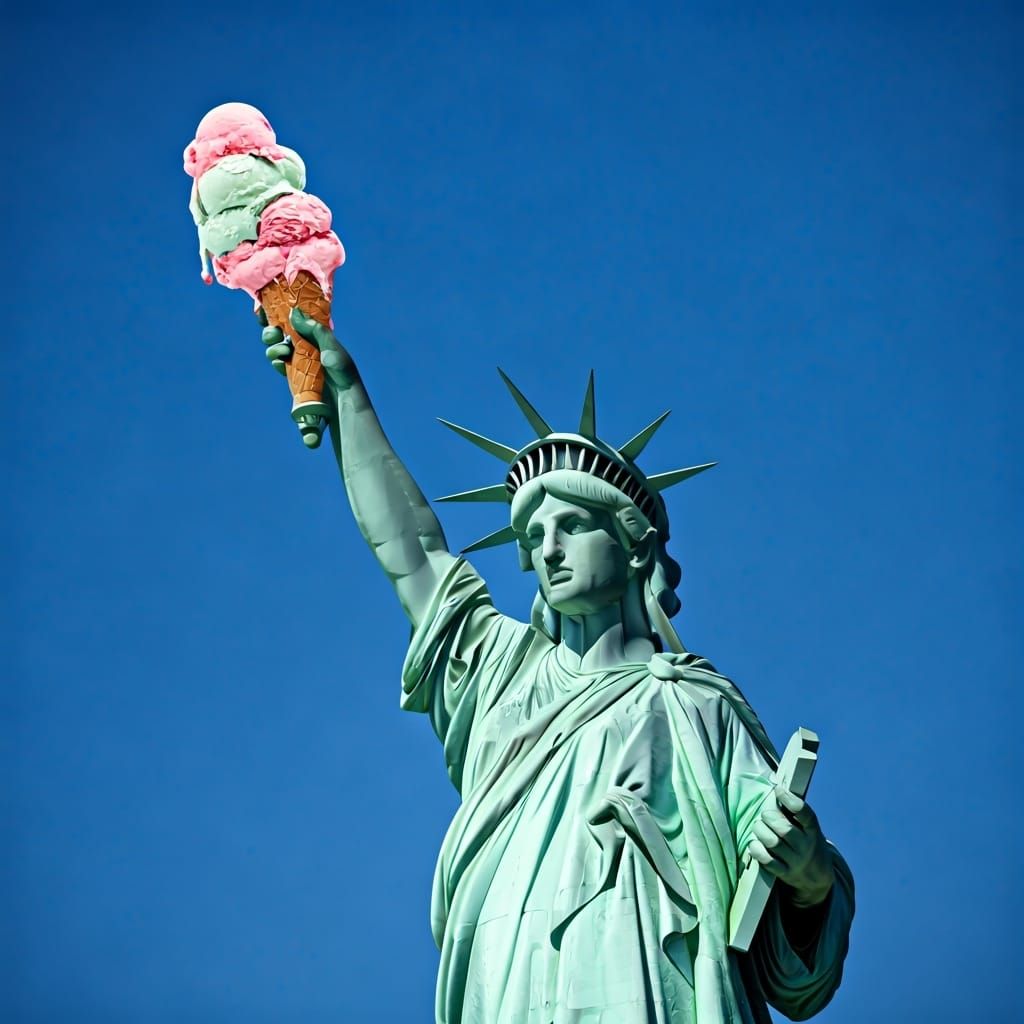 ice cream
The American Statue of Liberty holds a huge ice cr...