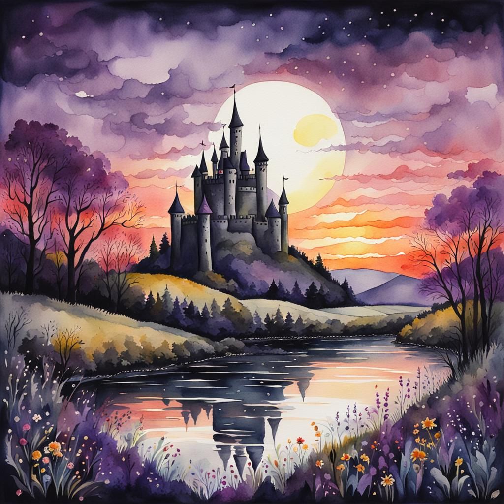 Whimsical Vintage Watercolor Castle Landscape