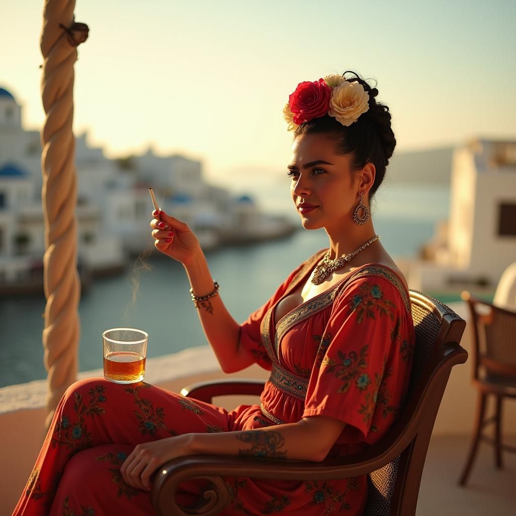 Frida Kahlo in Santorini Bar at Sunset