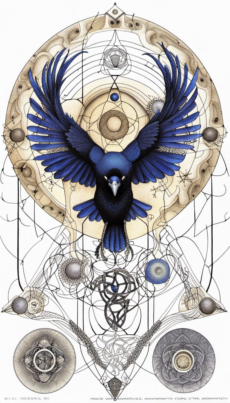 Anthropomorphic Crow Technical Drawings with Celtic Runes