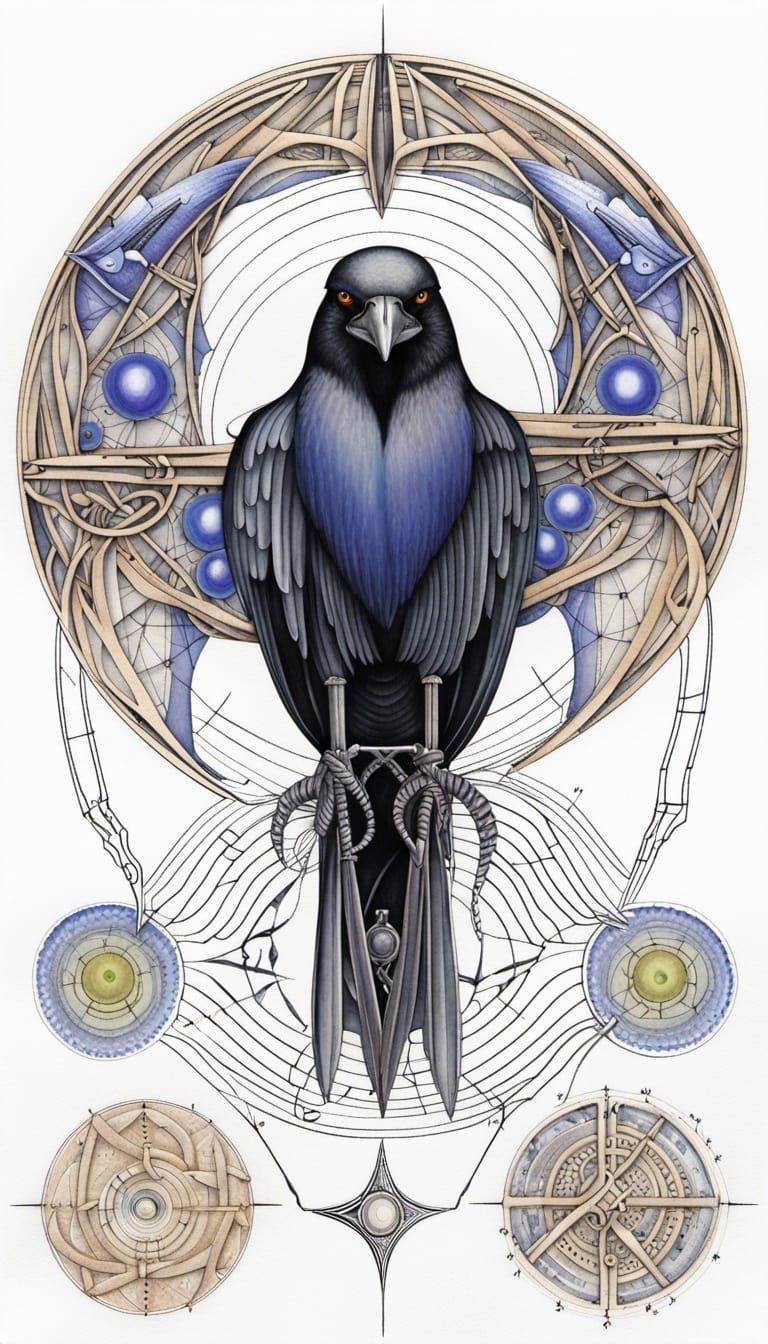 Anthropomorphic Crow Technical Drawing with Celtic Runes