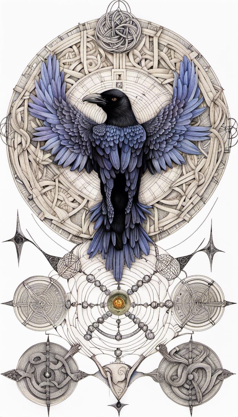 Anthropomorphic Crow Technical Drawings with Celtic Runes