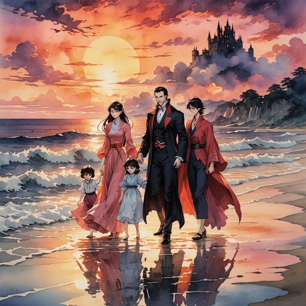 Dracula and Family at Sunset: Anime Watercolor
