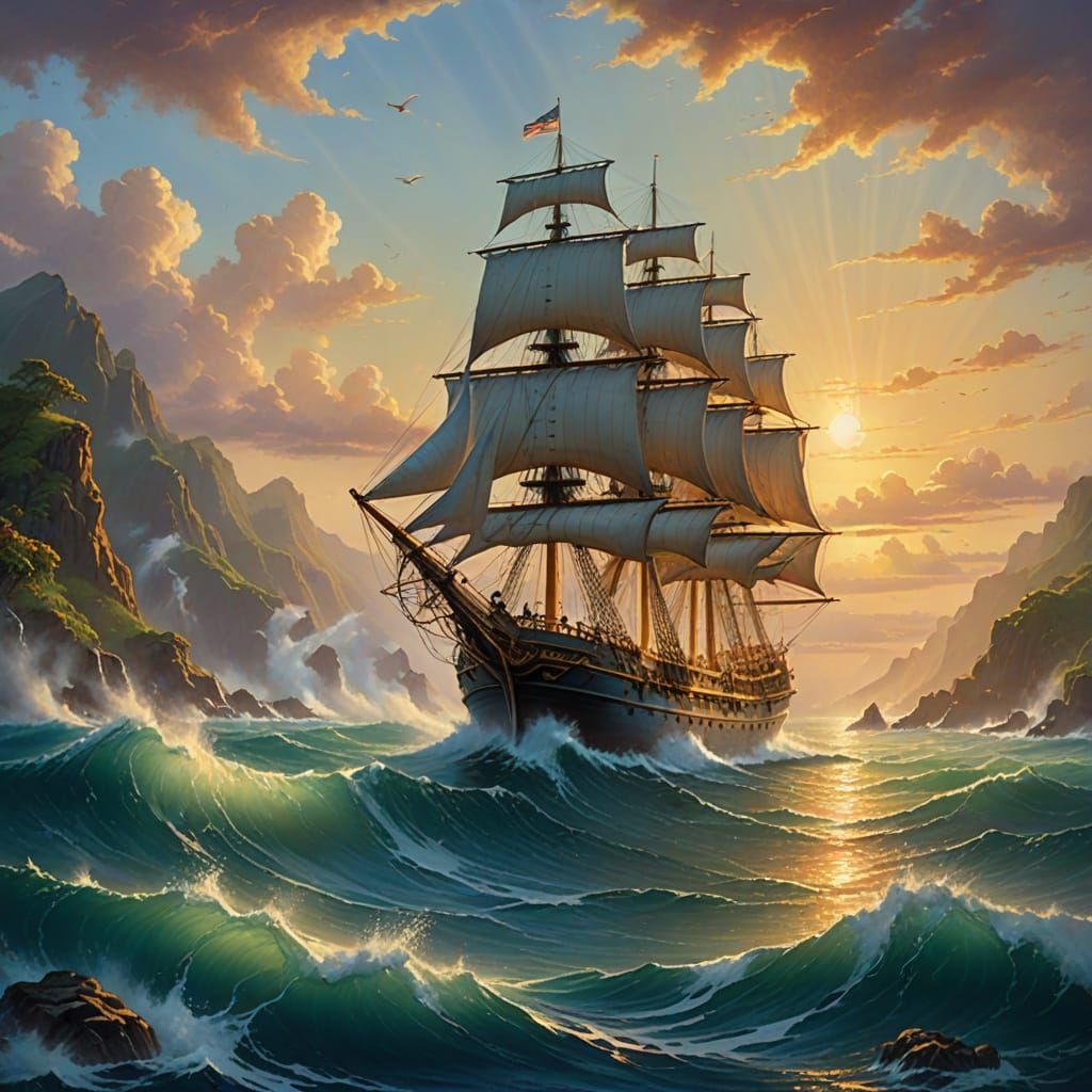 Whaling Ship off Hawaii in Kinkade Style