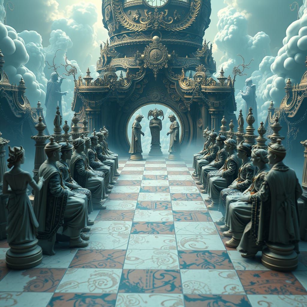 Surreal Chessboard with Ornate Figures in Dream Realm