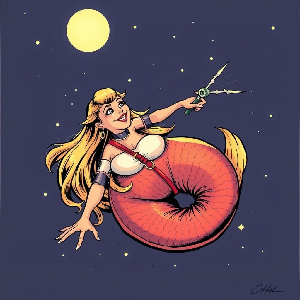 Glamorous Mermaid Combing Hair in Dystopian Landscape