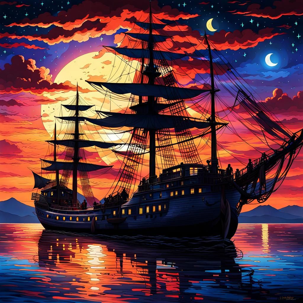 Pirate Ship Floating At Sea In The Moonlight