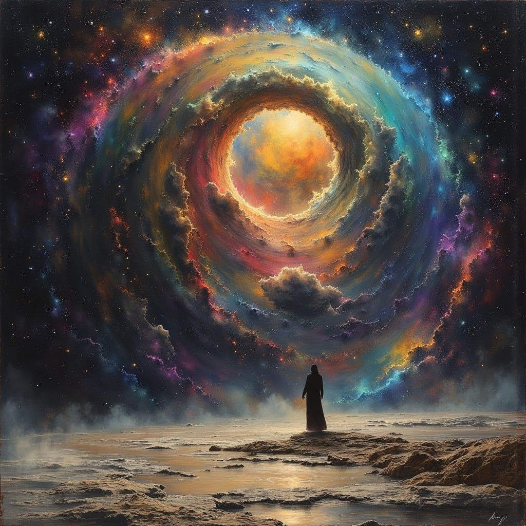 Surreal Cosmic Landscape in Dark Oil Paint