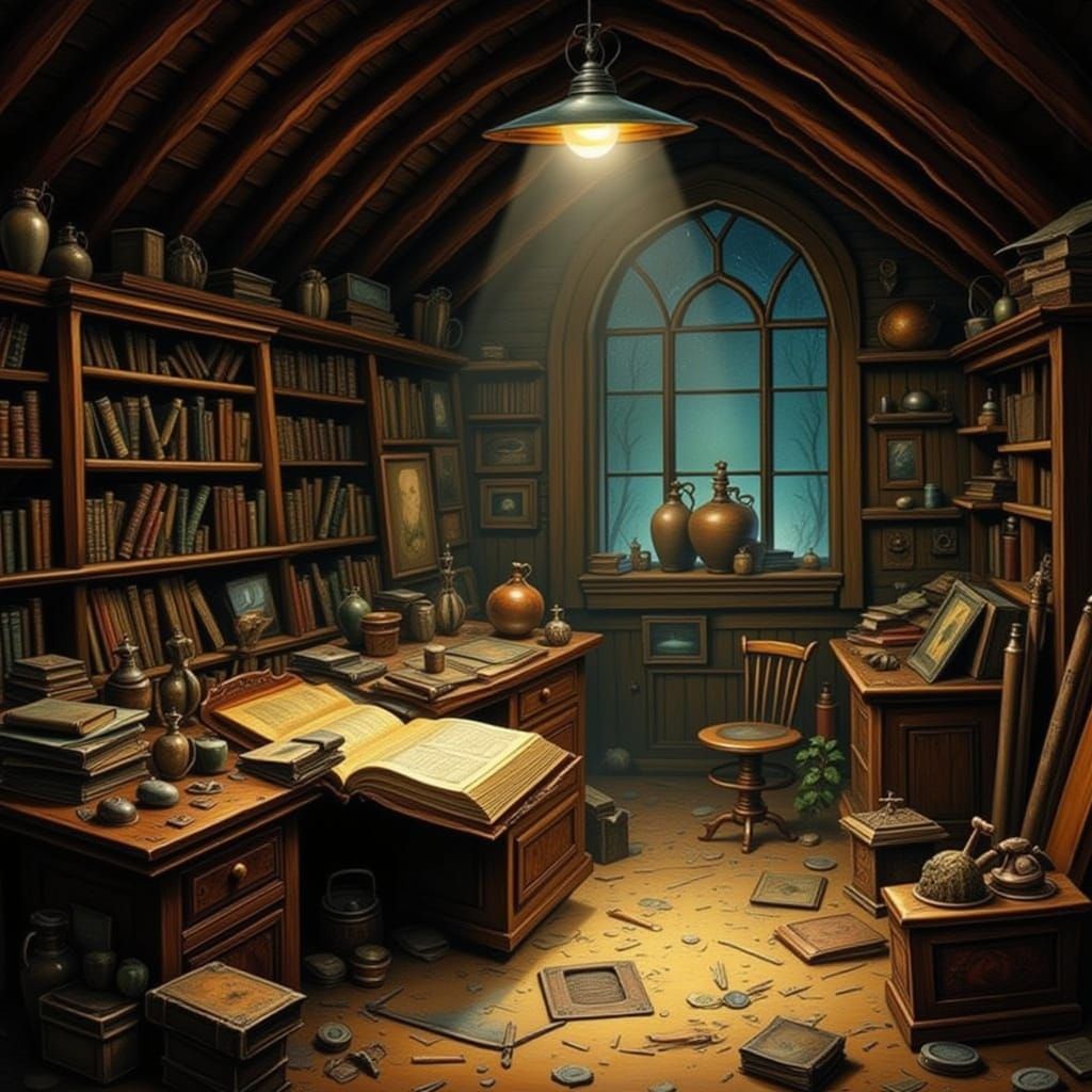 Cozy Attic Room with Moonlight and Old Book