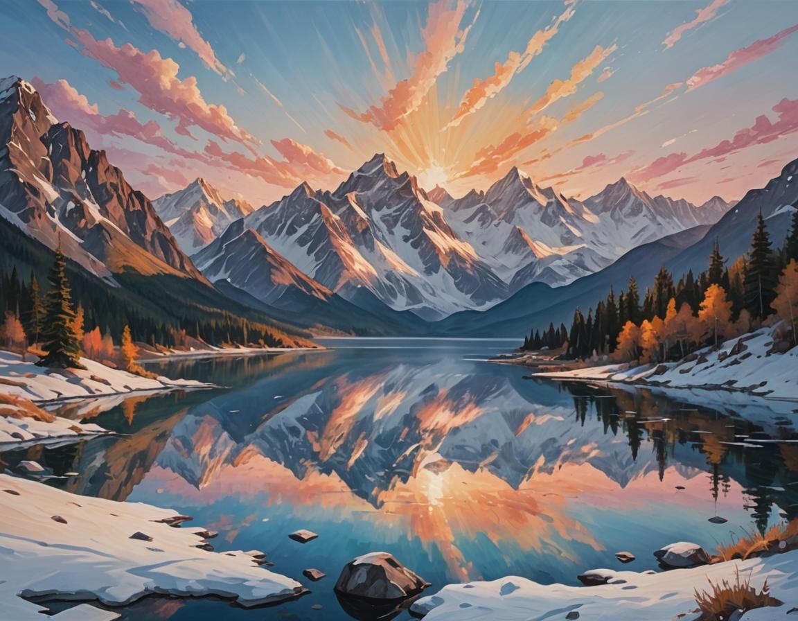 Serene Mountain Sunrise: A Cinematic Oil Painting