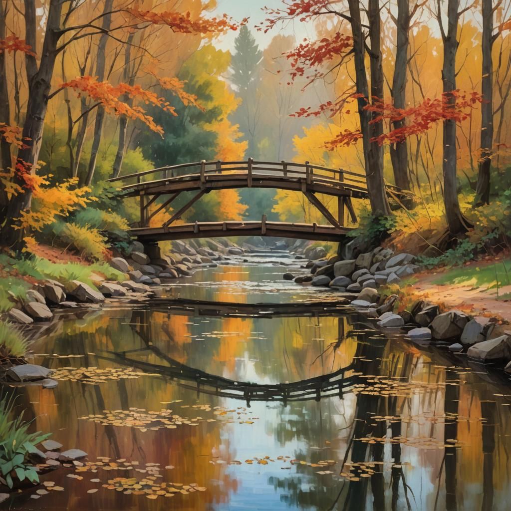 Impressionist Autumn Landscape with Wooden Bridge