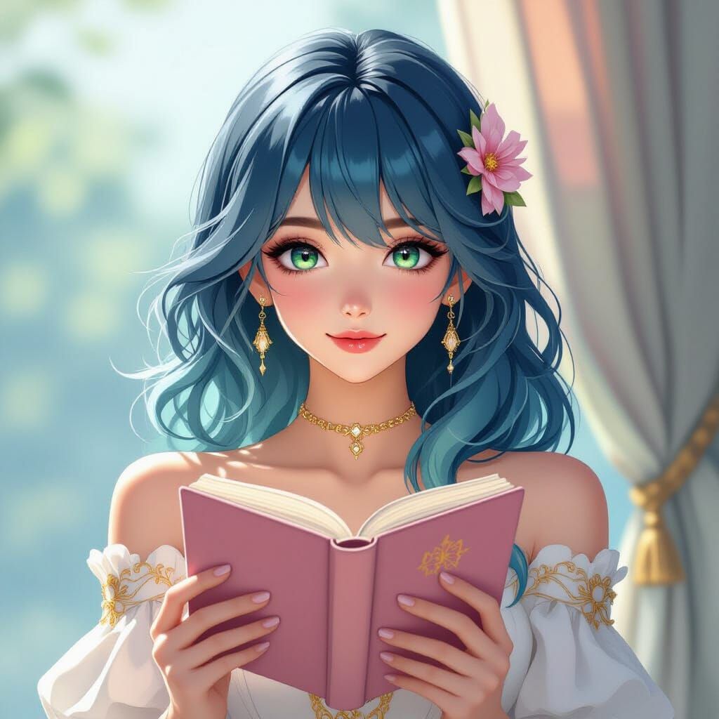 Anime Woman with Green Eyes Holding Book