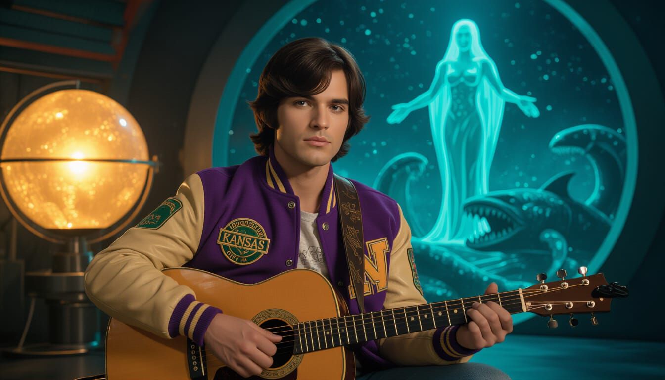 Young Man Plays Guitar in Retro-Futuristic Studio