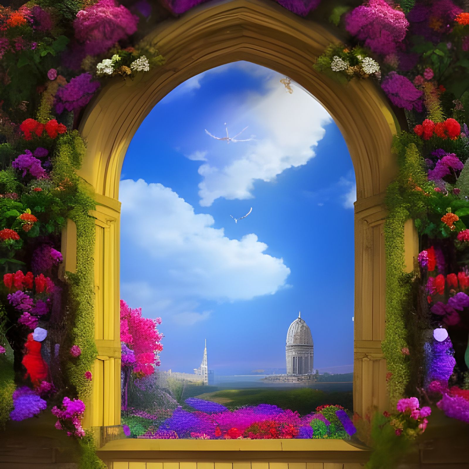 Arched Window to Floral Sky: Digital Matte Painting