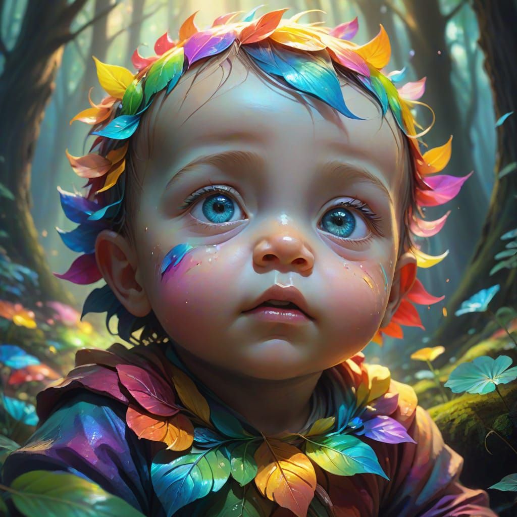 Mystical Rainbow Baby in Forest: Fantasy Art
