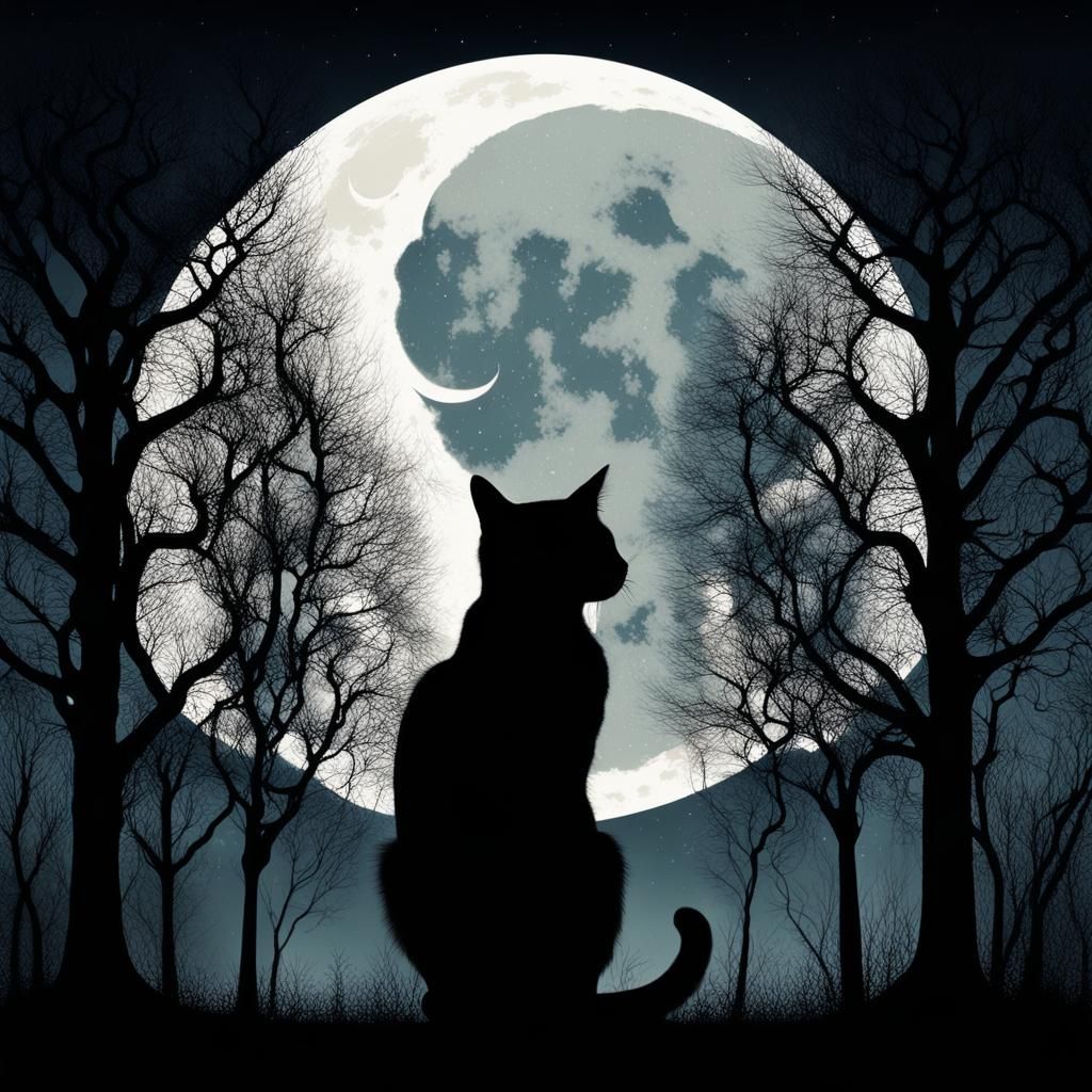 Surreal Double Exposure: Cat, Trees, and Moon