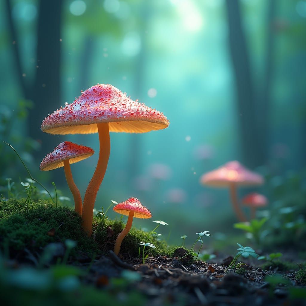 Iridescent Mushrooms in Emerald Forest Dreamscapes