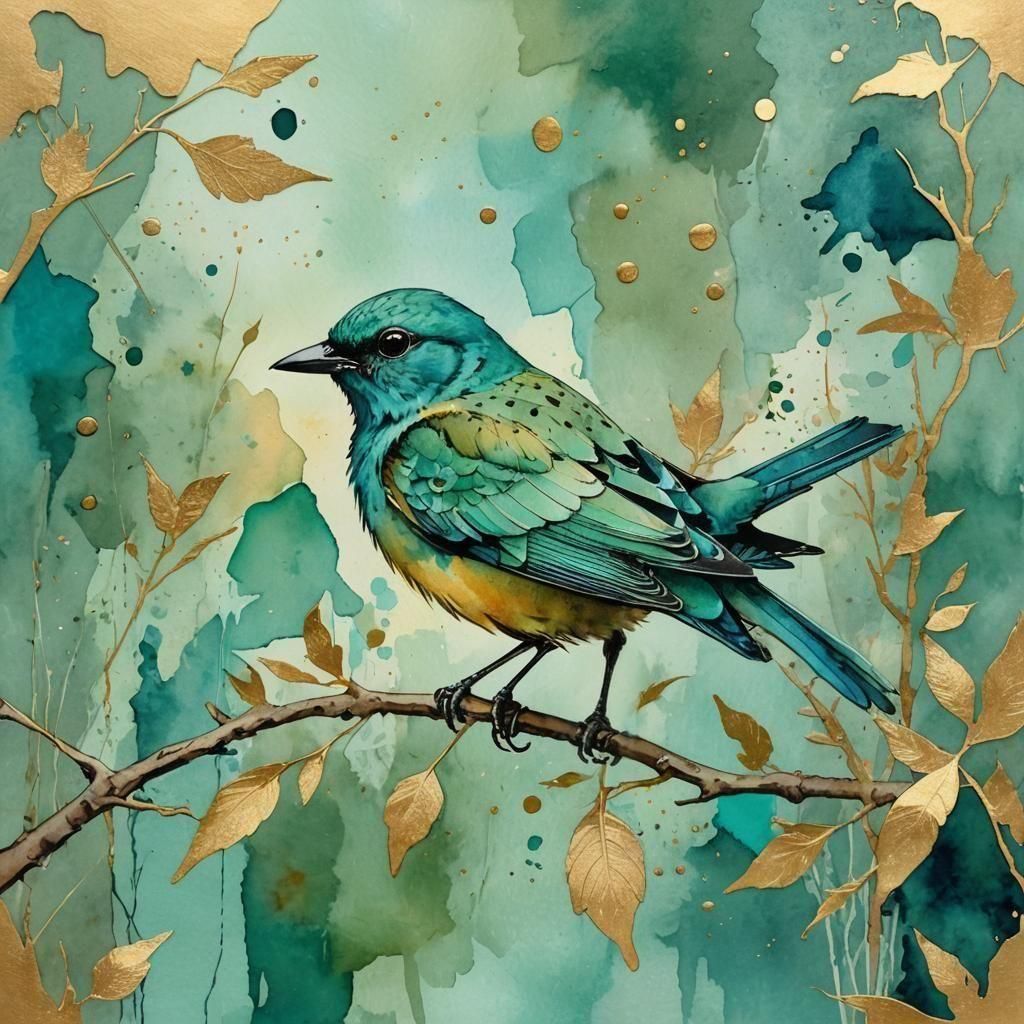 Surreal Watercolor Bird in Sage Green and Turquoise