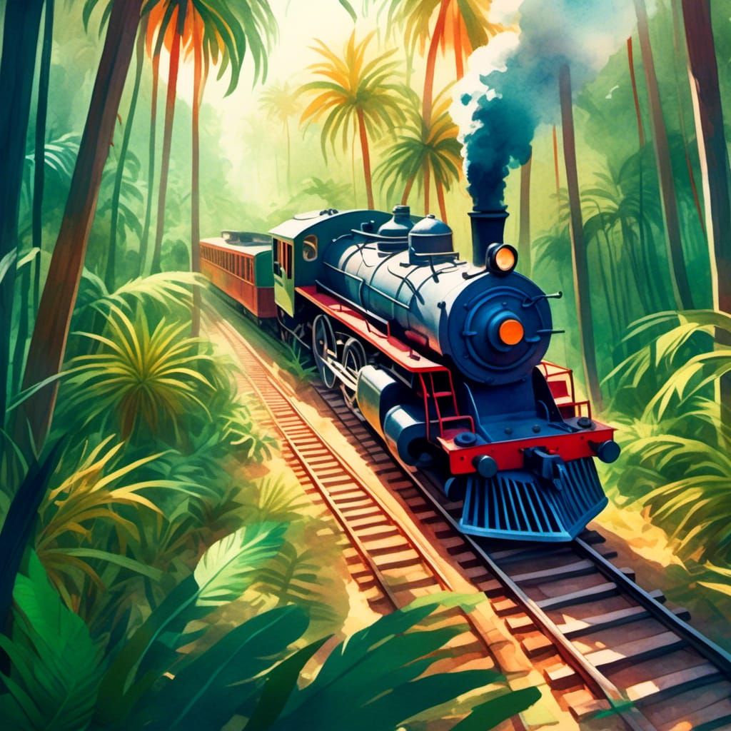 Jungle Train: Bird's-Eye View in Watercolor Style