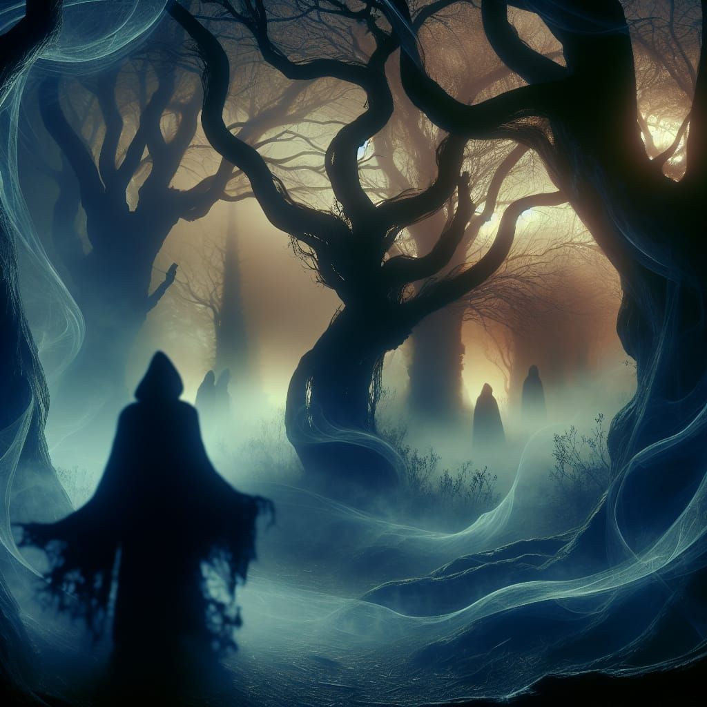 Eerie Haunted Forest with Cloaked Figures