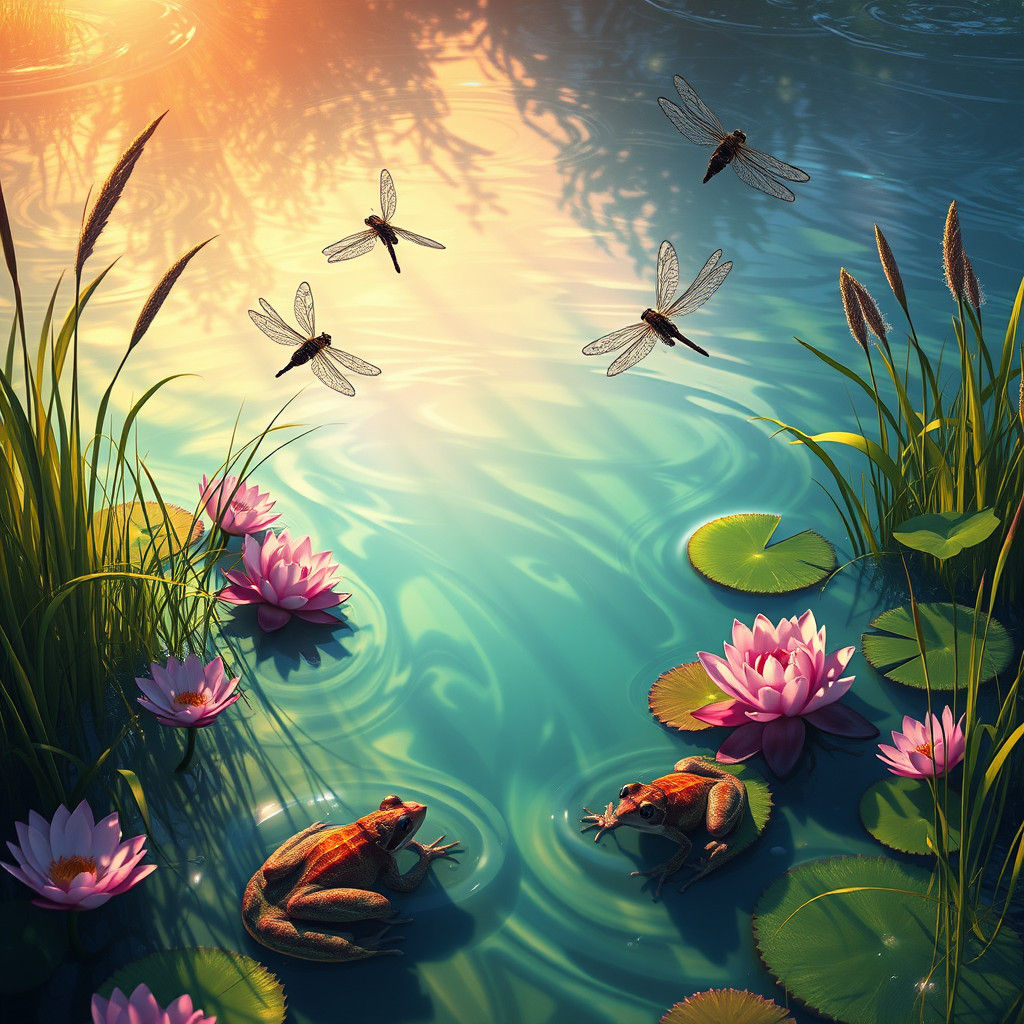 Dragonflies Dance Above Tranquil Pond: Matte Painting