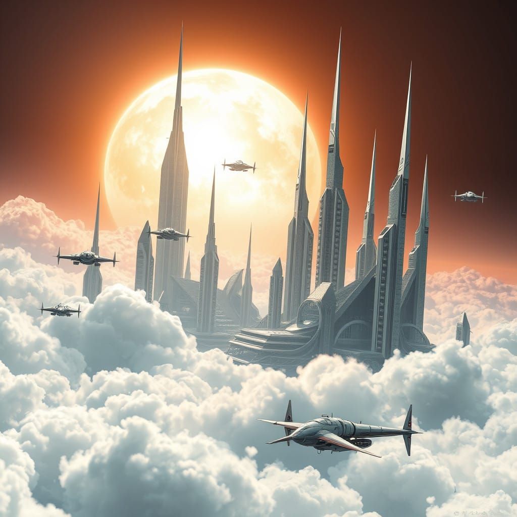 Surreal Futuristic Metropolis Soars Amidst Clouds in Cyberpu...