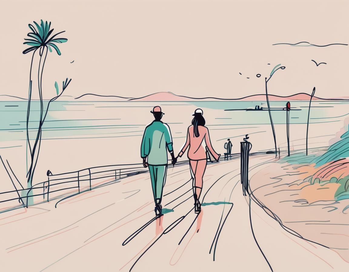 Minimalist Seaside Promenade Sketch in Japandi Style