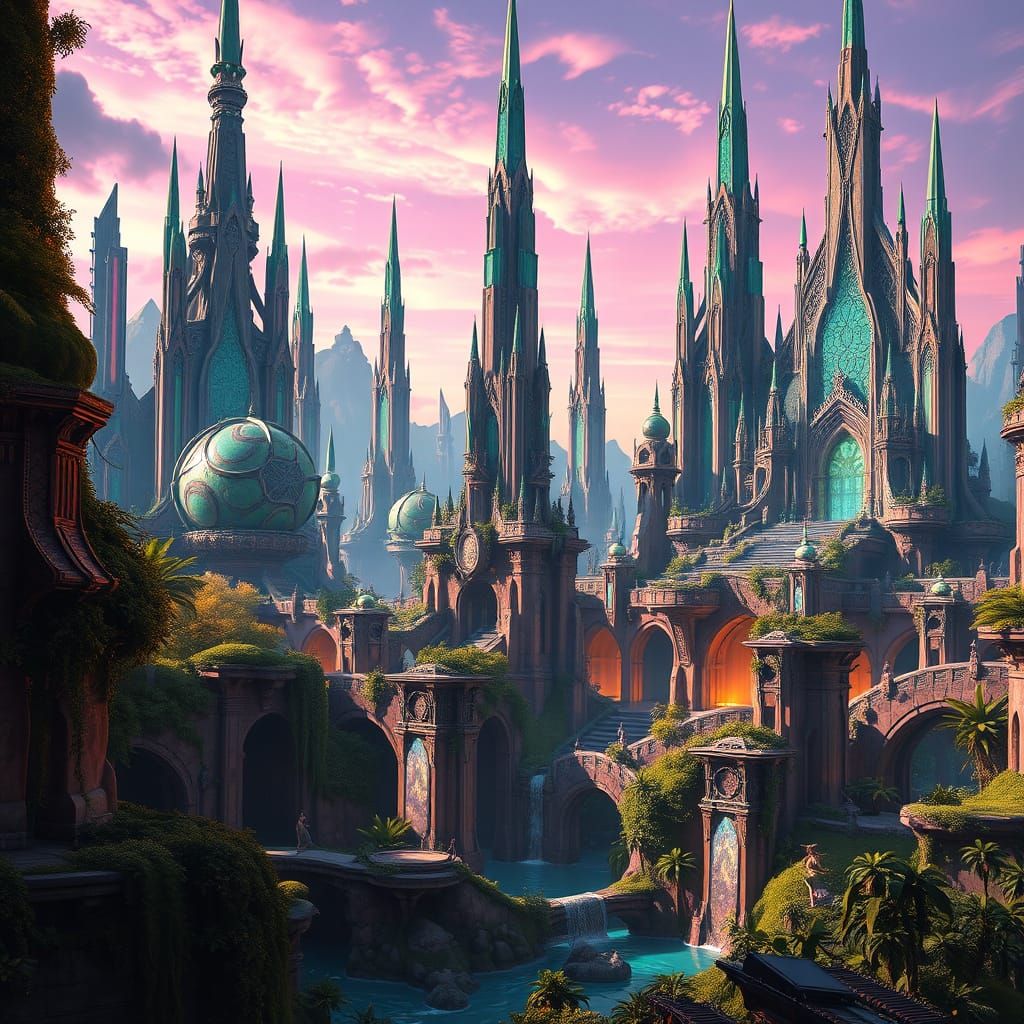 Futuristic Fantasy Arcology in Vibrant, Gradient Skies