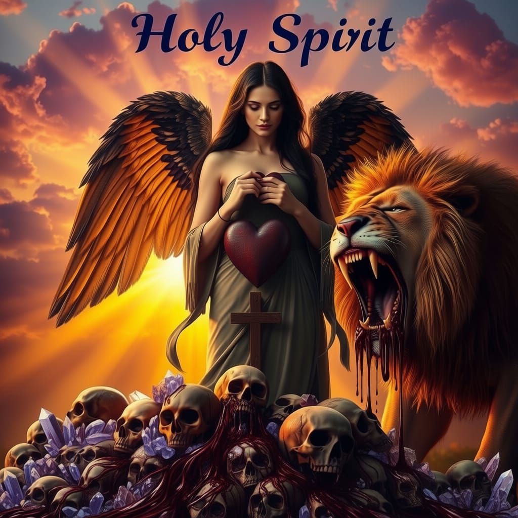 Dark Angel with Crystal Skulls and Lion, Gustave Doré Style